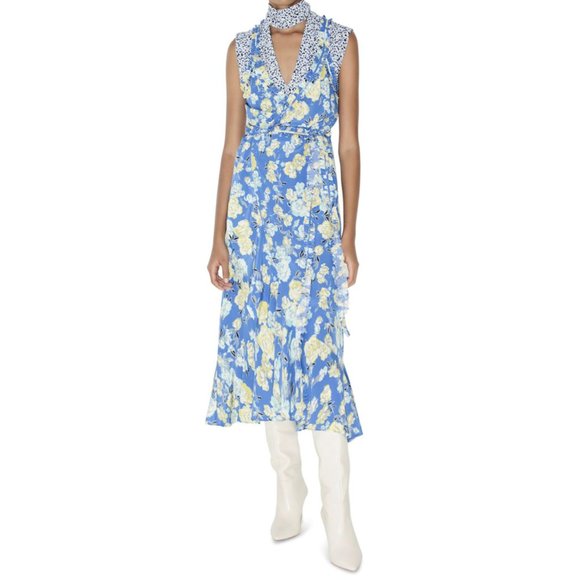 NEW Jason WU Womens Midi Dress Blue Silk Floral V-Neck Sleeveless Long Size 10 - Picture 1 of 9